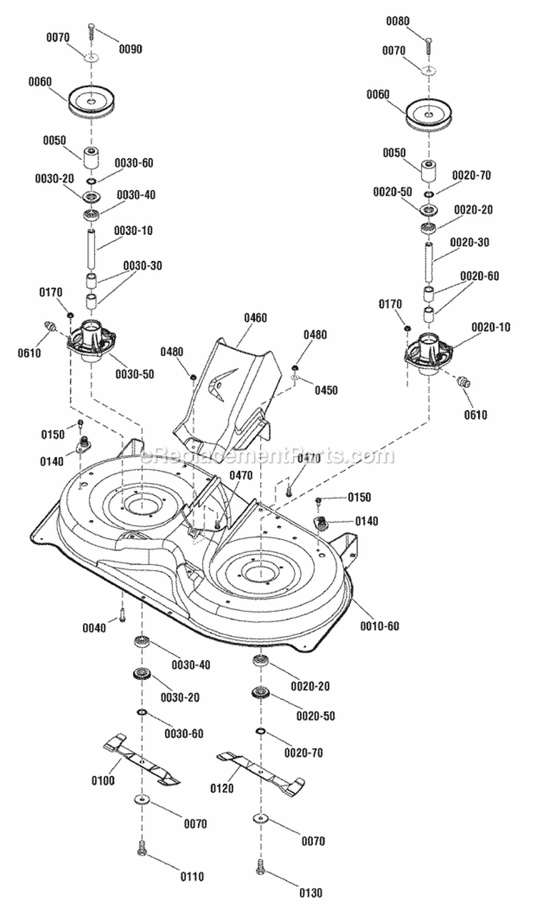 38 Mower Deck - Housing Arbors  Blade Diagram and Parts List for ELT16538RD 2690935 Snapper Lawn Tractor