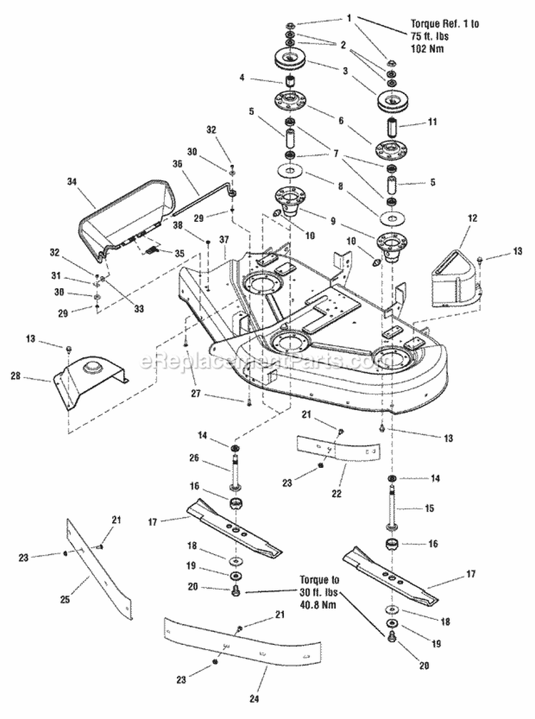 44 Mower Deck - Housing Arbors  Blades Group Diagram and Parts List for ELT2044 2690498 Snapper Lawn Tractor