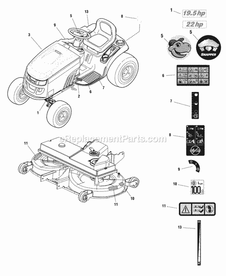 Decals Group Diagram and Parts List for ELT19540RD 2690784 Snapper Lawn Tractor