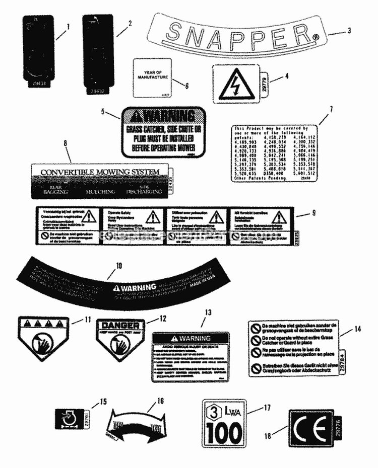 Decals Diagram and Parts List for EMLP21601E  Snapper Lawn Mower