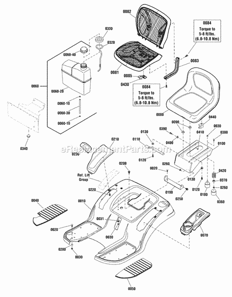 Seat Deck  Fuel Tank Group Diagram and Parts List for ERPX17538RDF  Snapper Lawn Tractor