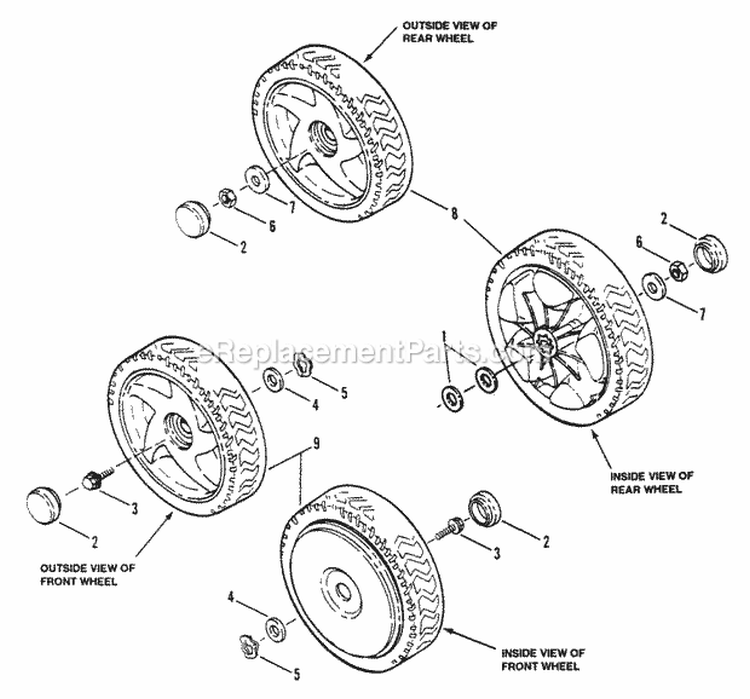 Front  Rear Wheels Diagram and Parts List for EXP21551VE  Snapper Lawn Mower