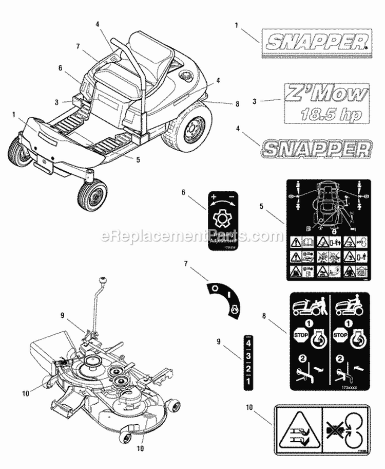 Decals Group Diagram and Parts List for EZT18542150ZBVE  Snapper Lawn Tractor