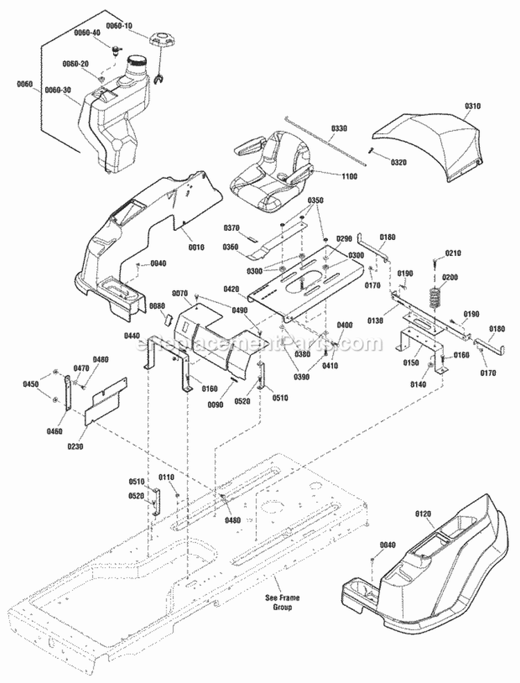 Seat Body  Fuel Tank Group Diagram and Parts List for EZT2042  Snapper Lawn Tractor