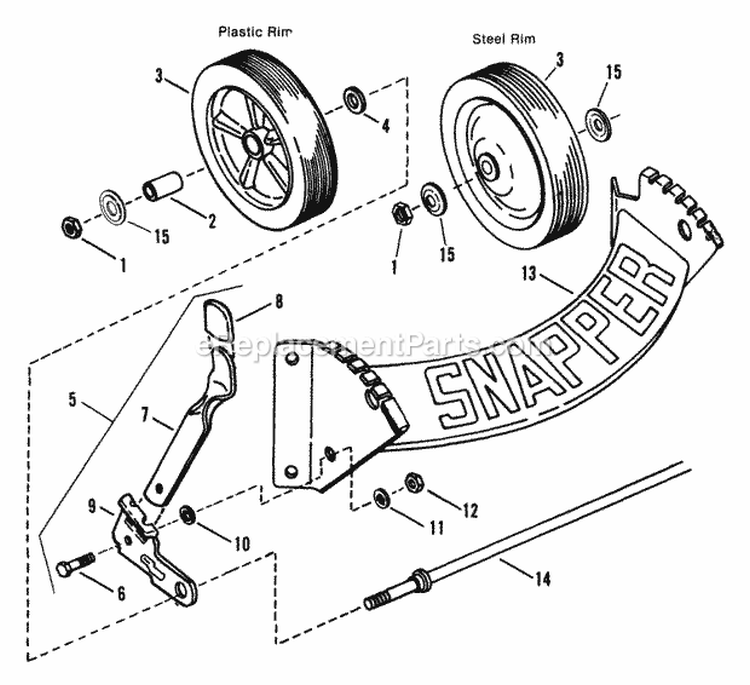 Front Wheels Bracket Latches Diagram and Parts List for 21402  Snapper Lawn Mower