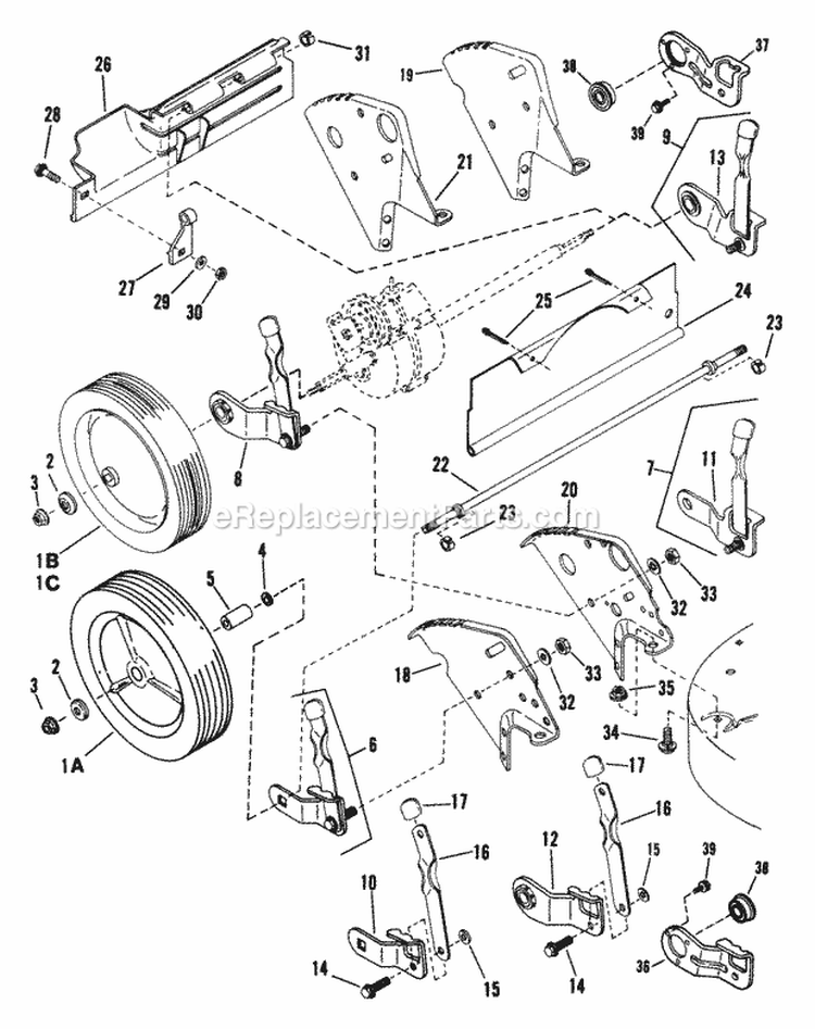 Rear Wheels Brackets Latches Diagram and Parts List for 21402  Snapper Lawn Mower