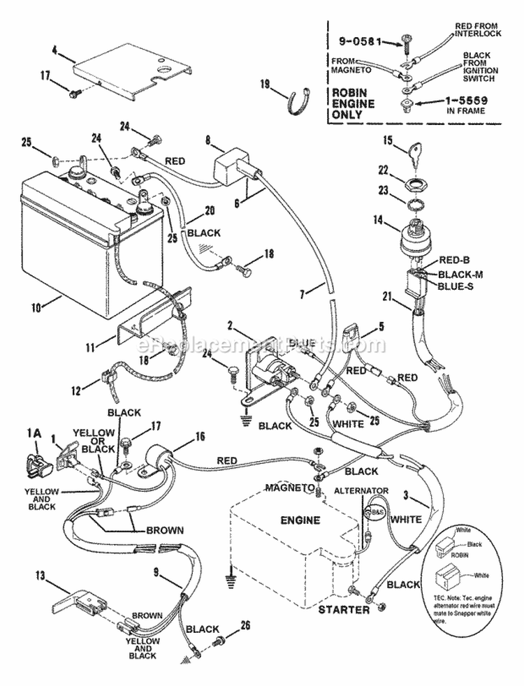 Electrical Systems Diagram and Parts List for 2811X6S  Snapper Lawn Tractor