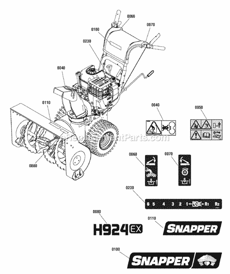 Decals Group Diagram and Parts List for H824RX 1695851 Snapper Snow Blower