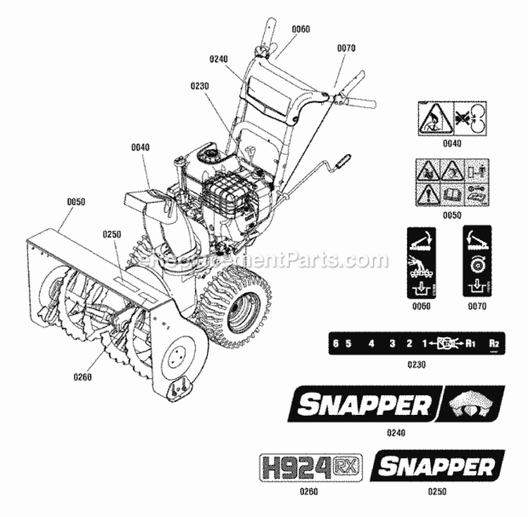 Control Panel Group Diagram and Parts List for H924RX 1695513 Snapper Snow Blower