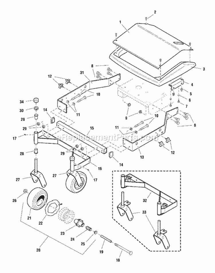 32 Mower Deck - Frame Caster  Shield Group Diagram and Parts List for HC32KAV13E  Snapper Lawn Mower