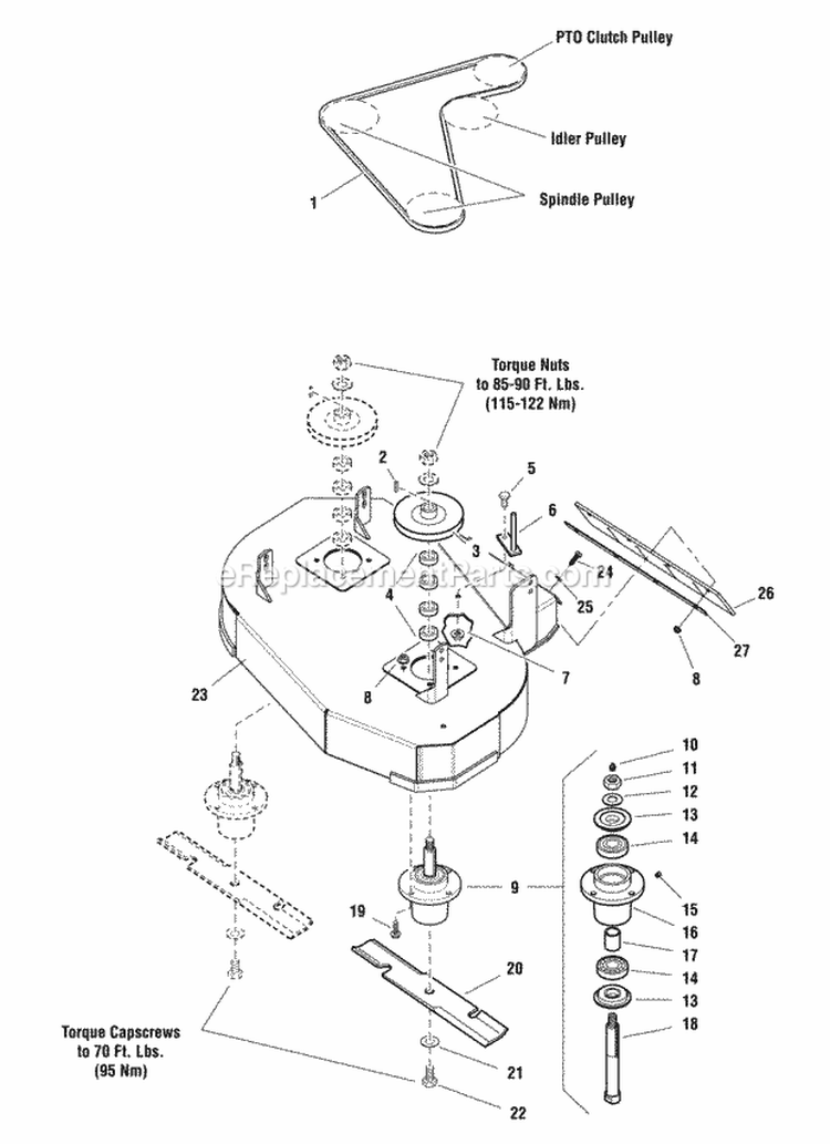 32 Rear Discharge Mower Deck - Housing Spindles Blades  Pulleys Group Diagram and Parts List for HC32RDKAV13ECE  Snapper Lawn Mower