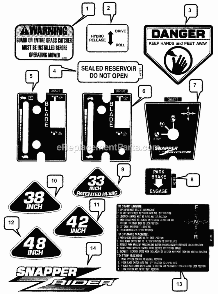 Decals (Part 1) Diagram and Parts List for HZS18482BVE  Snapper Lawn Tractor
