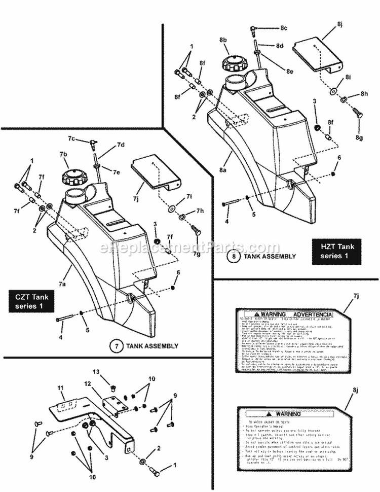 Fuel Tank Assembly Rh (Series 1) Diagram and Parts List for HZT21481BV 7800026 Snapper Lawn Tractor