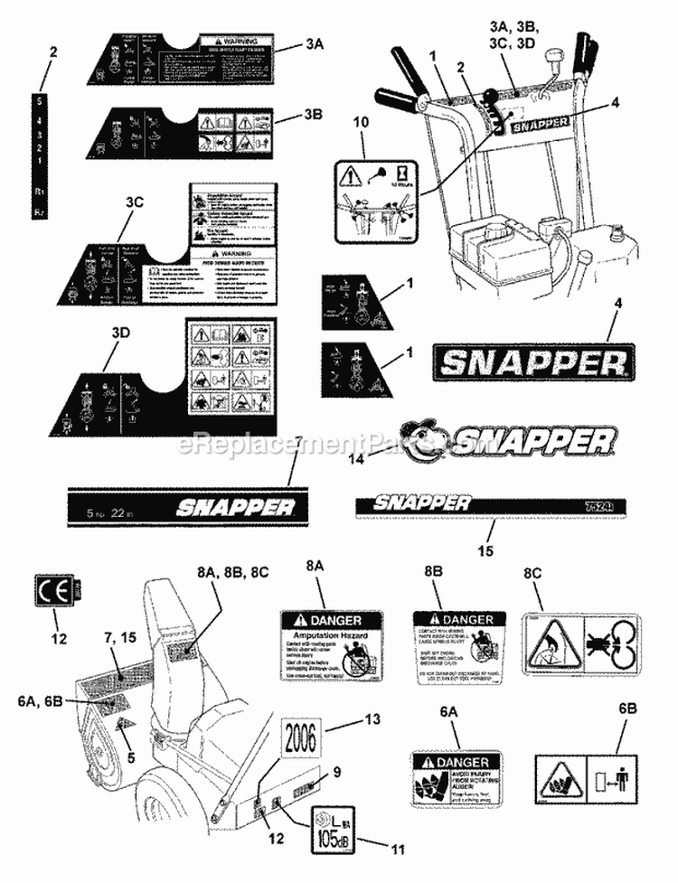 Decals Diagram and Parts List for EI75246 7800138 Snapper Snow Blower