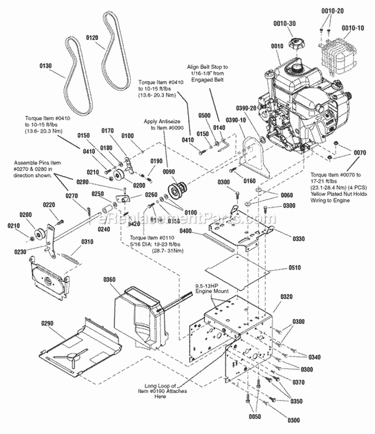 Engine  Frame Group Diagram and Parts List for L1226EX 1696010 Snapper Snow Blower