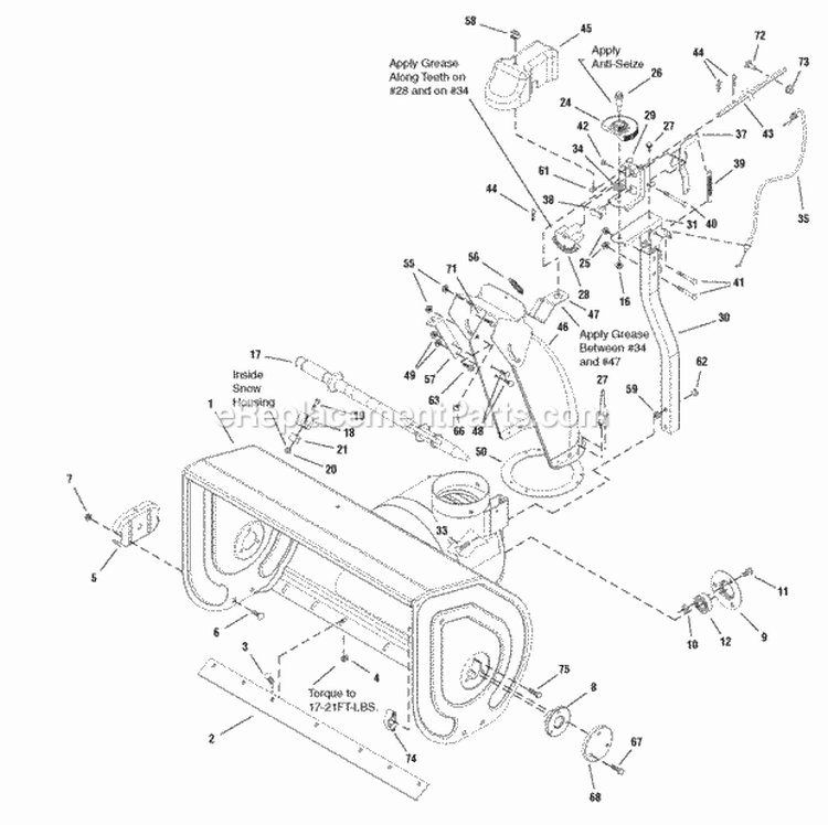 Auger Housing  Chute Group Diagram and Parts List for L1428E 1695572 Snapper Snow Blower