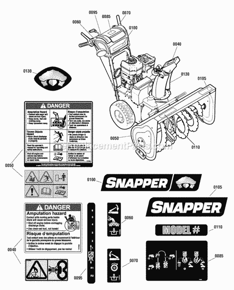 Decals Group Diagram and Parts List for L1730E 1696006 Snapper Snow Blower