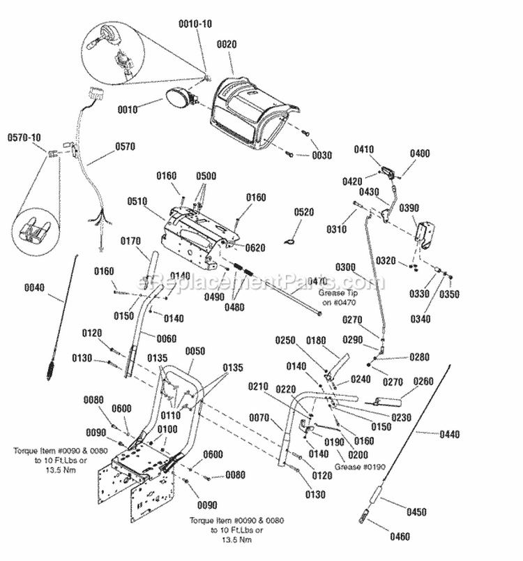 Handles  Controls Group Diagram and Parts List for L1730E 1696006 Snapper Snow Blower