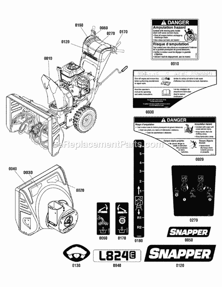 Decals Group Diagram and Parts List for L824E  Snapper Snow Blower
