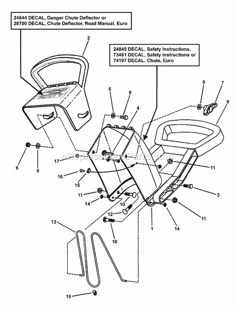 Discharge Chute Deflector Control Handle Diagram and Parts List for ELE3190R 84675 Snapper Snow Blower
