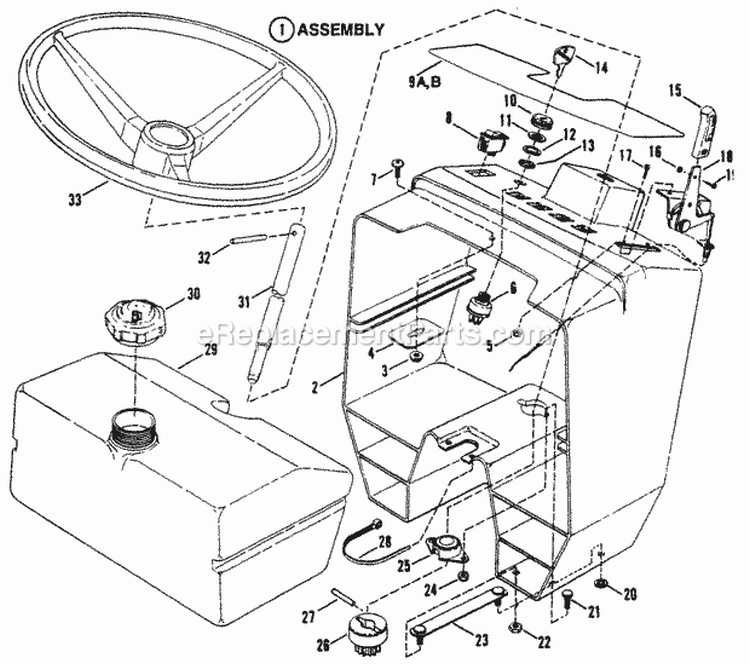 Steering Wheel Console Fuel Tank Diagram and Parts List for ELT130G38AB  Snapper Lawn Tractor