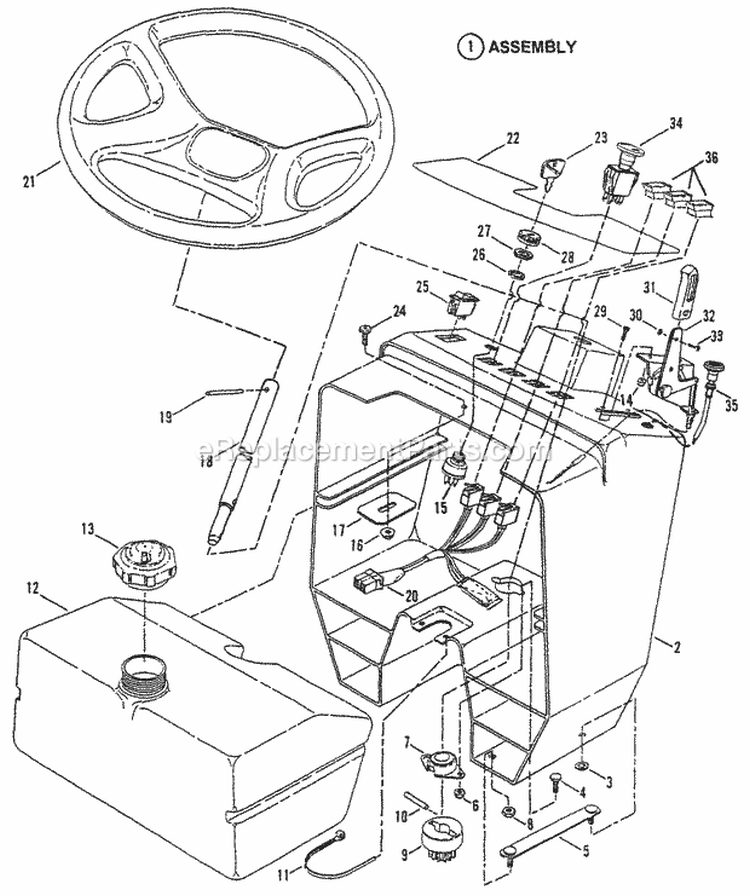 Steering Wheel Console Fuel Tank Diagram and Parts List for LT180H48DBV2  Snapper Lawn Tractor