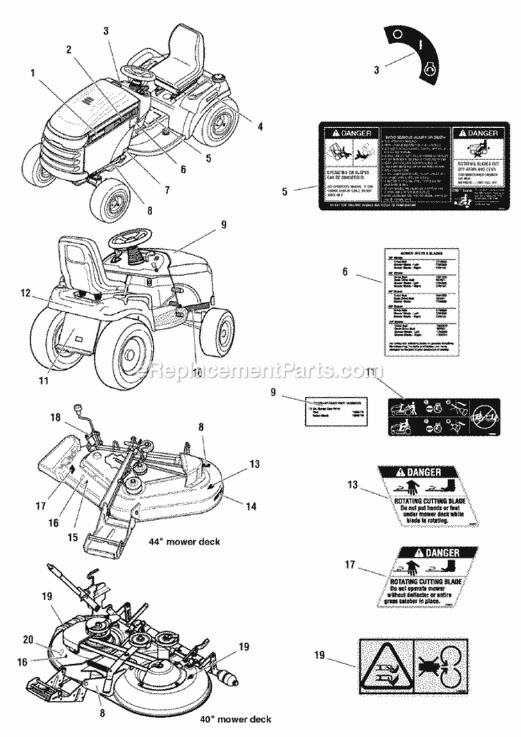 Decals Group Diagram and Parts List for LT1840 1694808 Snapper Lawn Tractor