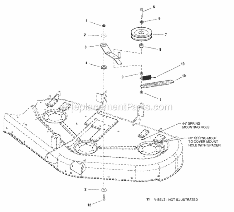 44  50 Mower Deck - Belt Idler Arm  Hitch Group Diagram and Parts List for LT18500 2690518 Snapper Lawn Tractor