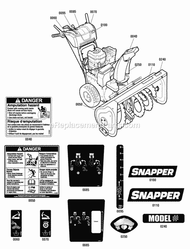 Decals Group Diagram and Parts List for M1227EX 1695964 Snapper Snow Blower