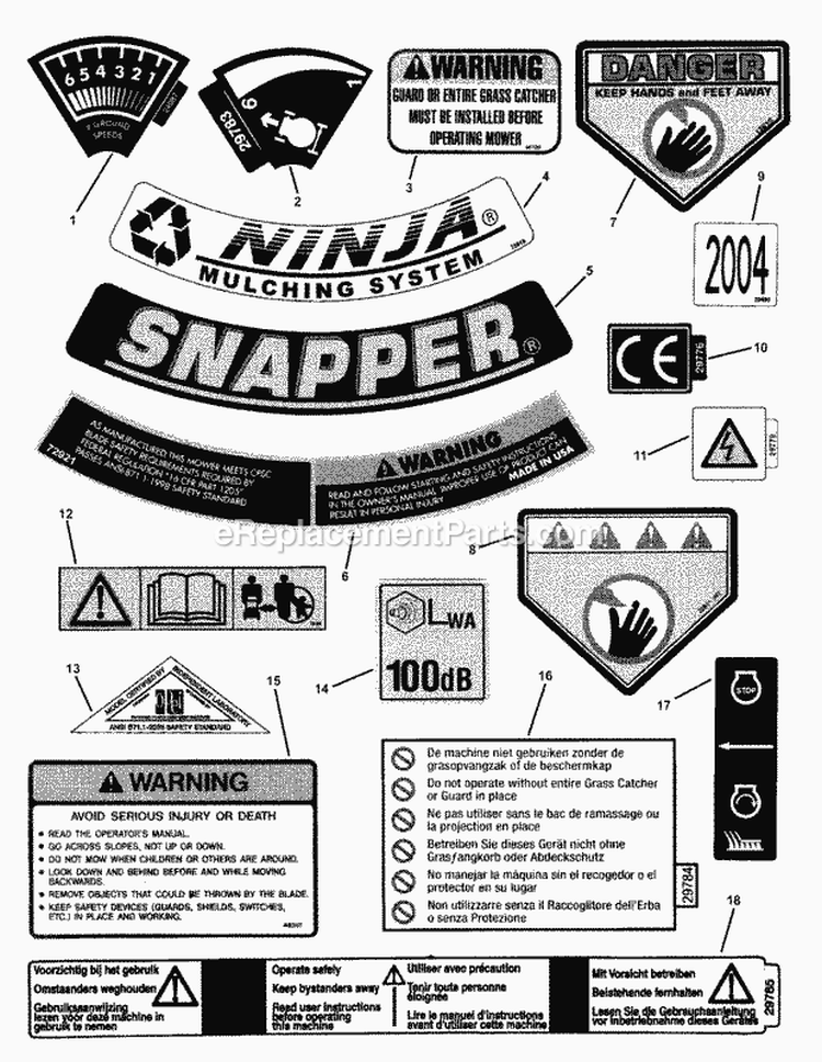 Decals Diagram and Parts List for MR216518B 80458 Snapper Lawn Mower