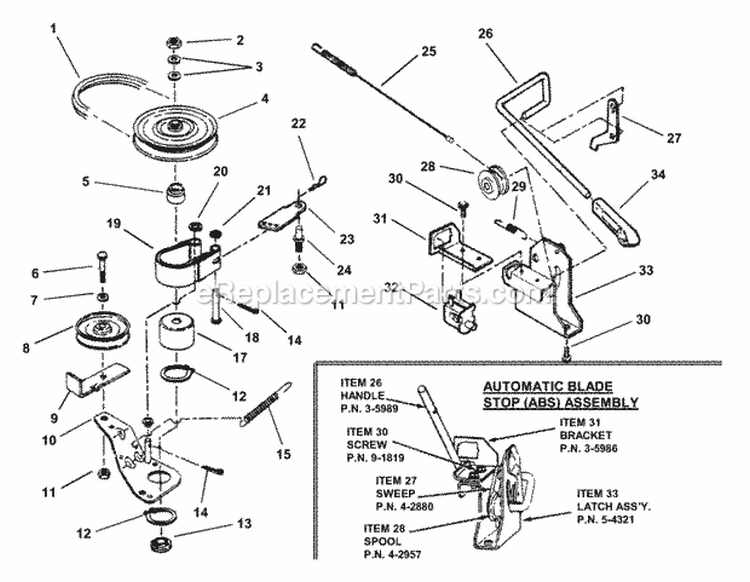 Belts Brakes Interlock (25 Models) (Series 16) (Early Prod) Diagram and Parts List for N250816BE  Snapper Lawn Tractor