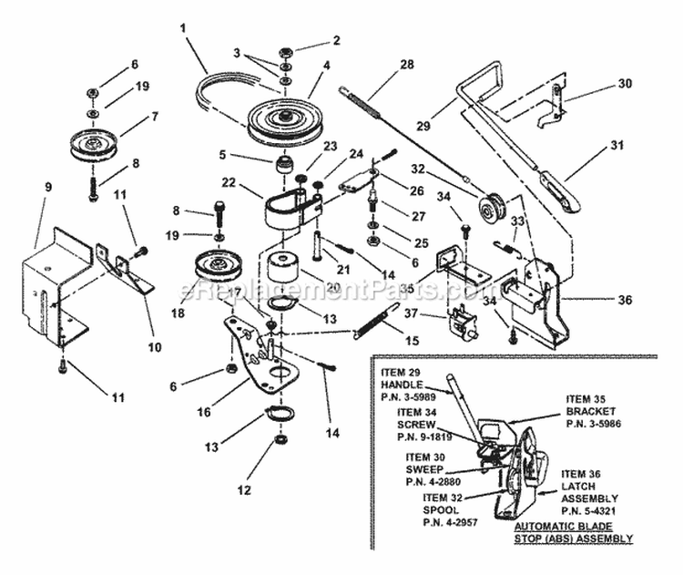 Belts Brakes Interlock (28 30 33 Models) (Series 16 Early Prod) Diagram and Parts List for 281016BE  Snapper Lawn Tractor