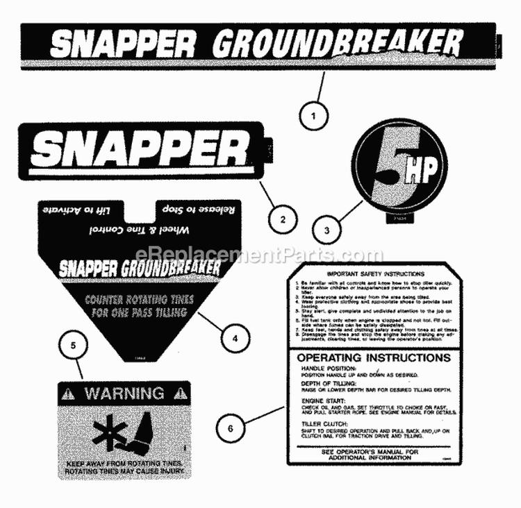 Decals Diagram and Parts List for CICFR5505HV 84898 Snapper Tiller
