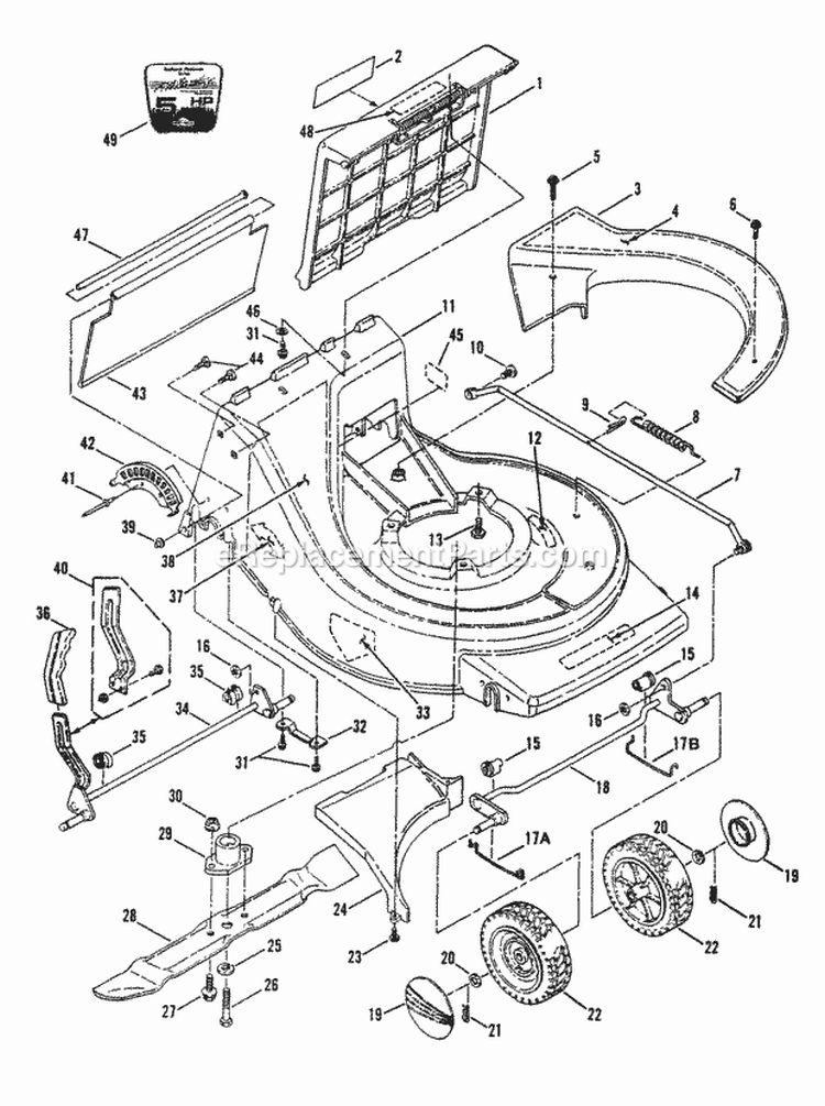 Deck Wheels  Discharge Components Diagram and Parts List for L21500 Push Model Snapper Lawn Mower