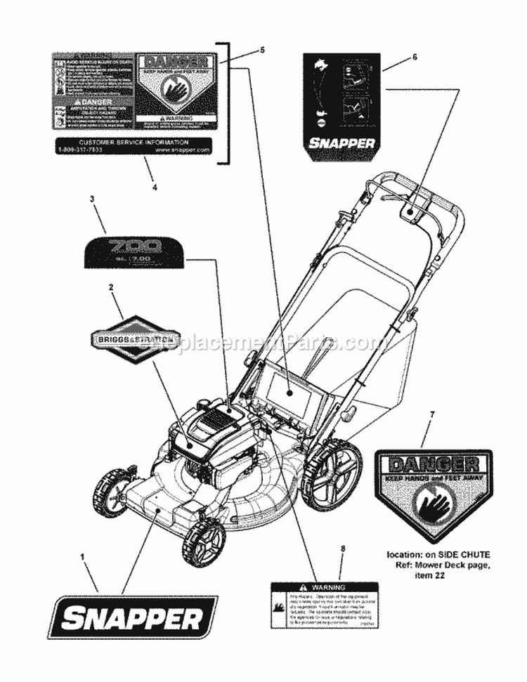 Decals Group Diagram and Parts List for NSPV2270HW 7800755 Snapper Lawn Mower