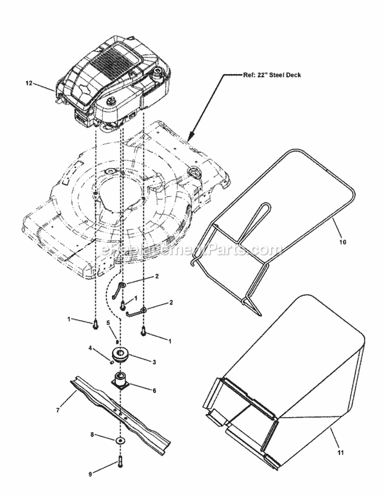 Engine Blade  Grass Bag Group Diagram and Parts List for ENXT22875E  Snapper Lawn Mower