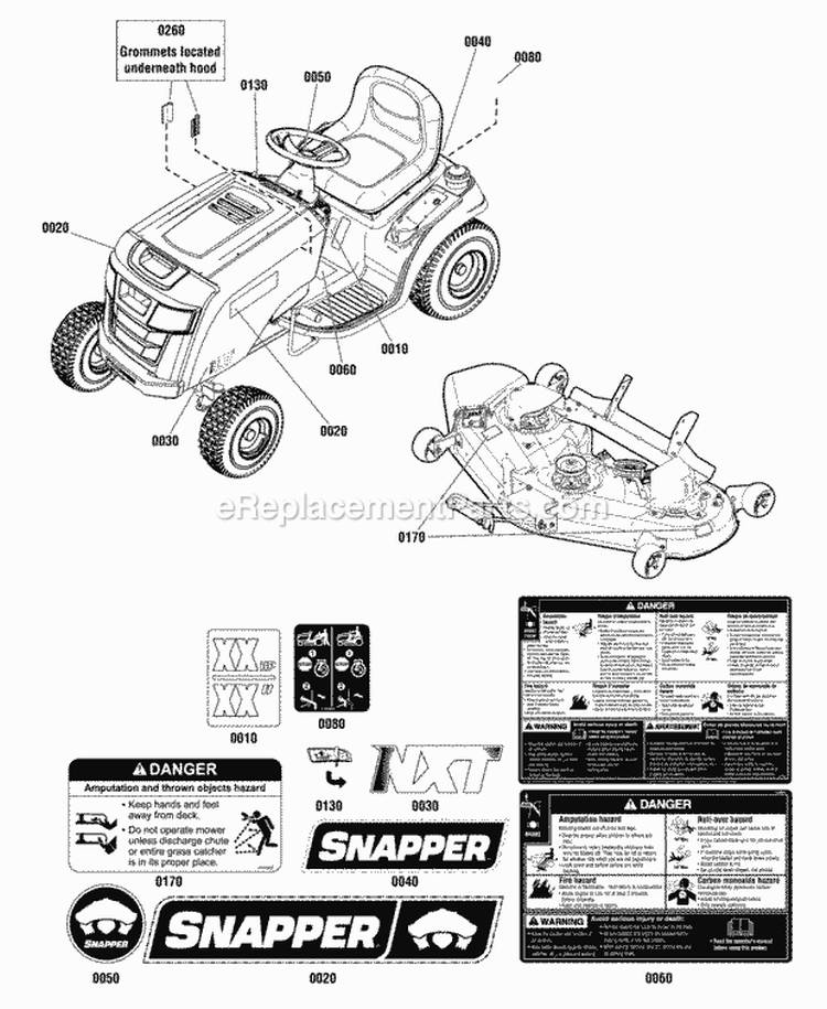 Decals Group - 42 46  52 Deck - Lockup Diagram and Parts List for NXT2652 2691027 Snapper Lawn Tractor