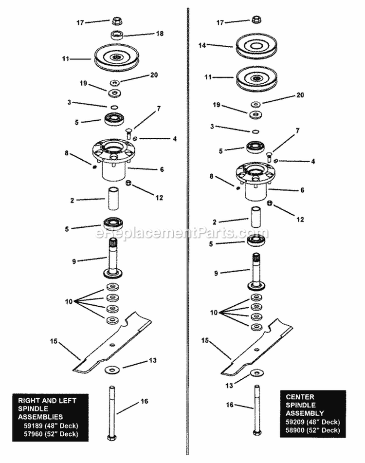 Deck Spindle Assemblies Diagram and Parts List for NZM27612KH  Snapper Lawn Tractor