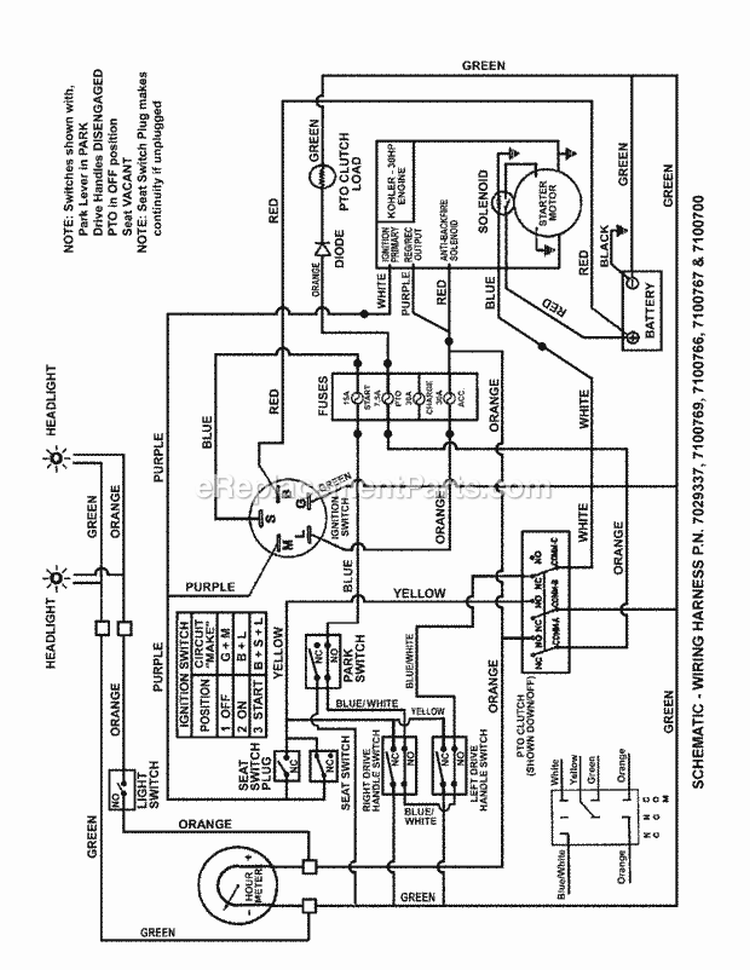 Wiring Schematic (Kohler Engines) Diagram and Parts List for NZMXL30614KH  Snapper Lawn Tractor