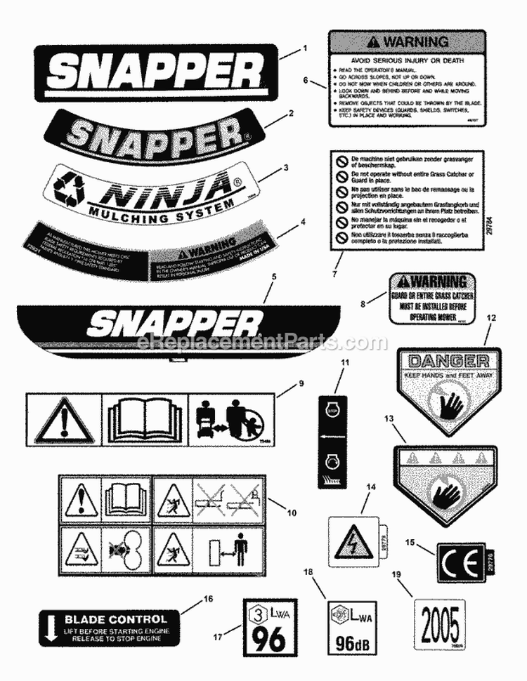 Decals Diagram and Parts List for ER194515B  Snapper Lawn Mower