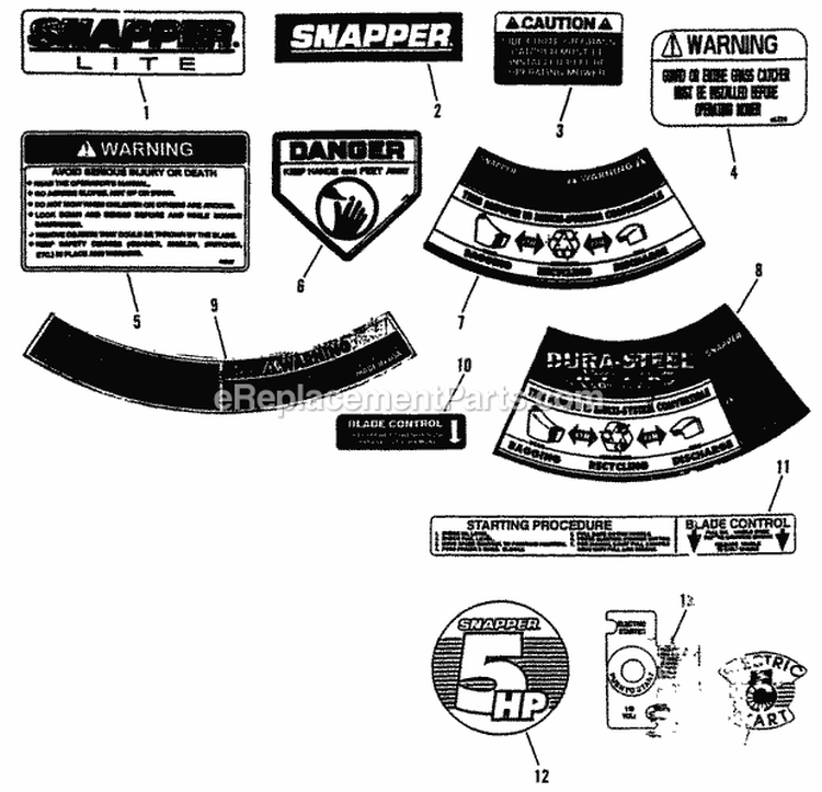 Decals Diagram and Parts List for R205012  Snapper Lawn Mower