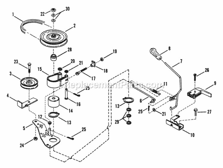 Belts Brakes Interlock (25 28 30 33 Models) Diagram and Parts List for E331313BE  Snapper Lawn Tractor