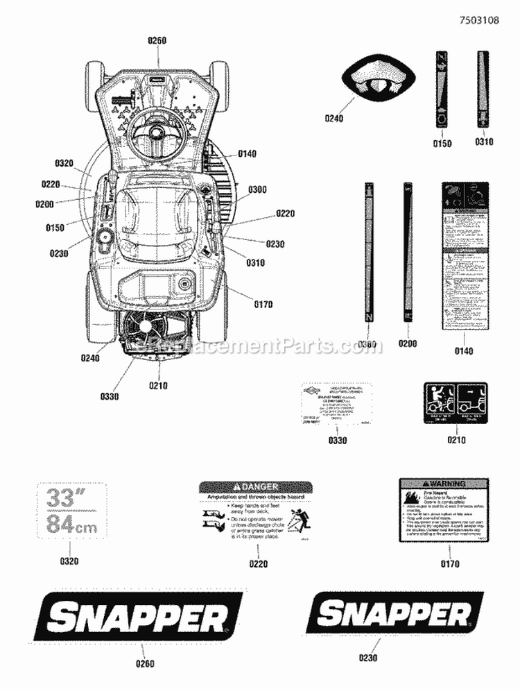 Decals Diagram and Parts List for RE130  Snapper Lawn Tractor
