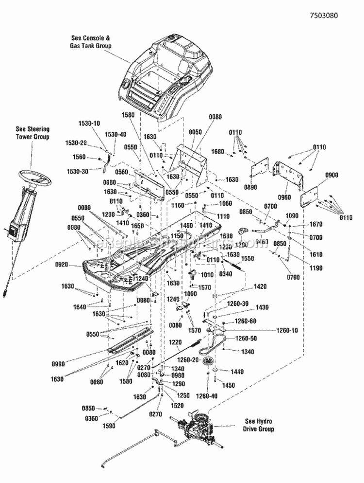 Main Frame Group Diagram and Parts List for RE210  Snapper Lawn Tractor