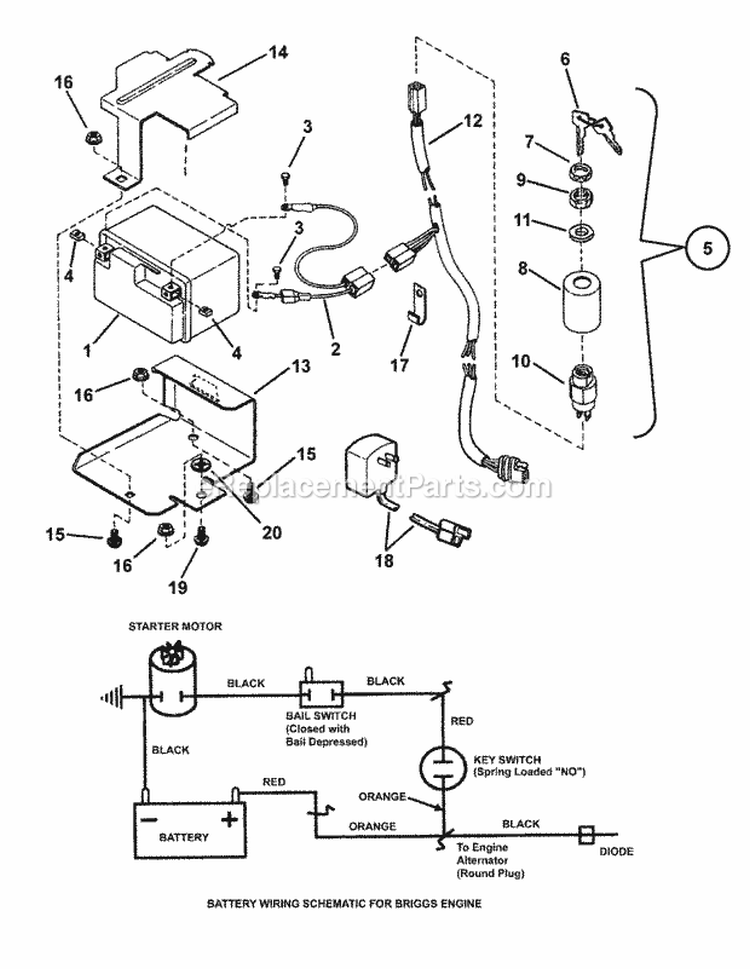 Electric Start Components Diagram and Parts List for P217019BVE 7800035 Snapper Lawn Mower