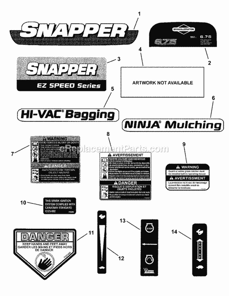 Decals Diagram and Parts List for 2167520BFC 7800434 Snapper Lawn Mower