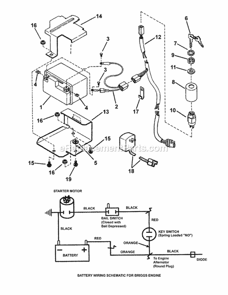 Electric Start Components Diagram and Parts List for RP2187520BVE 7800427 Snapper Lawn Mower