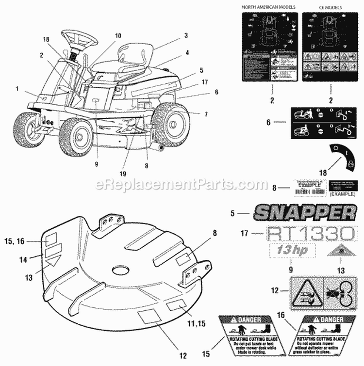 Decals Group Diagram and Parts List for RT1330 1694615 Snapper Lawn Tractor