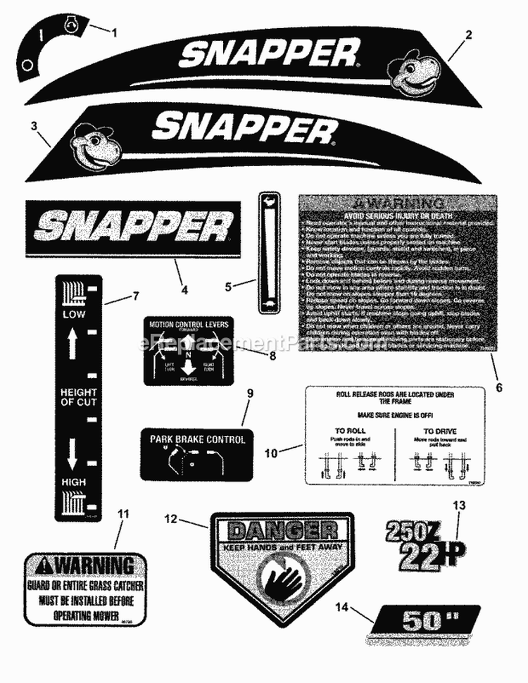 Decal Group Snapper Rzt Diagram and Parts List for RZT22500BVE2 7800011 Snapper Lawn Tractor