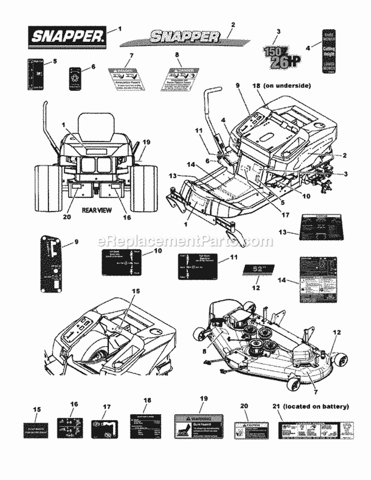 Decal Group Diagram and Parts List for SC26520 7800630 Snapper Lawn Tractor